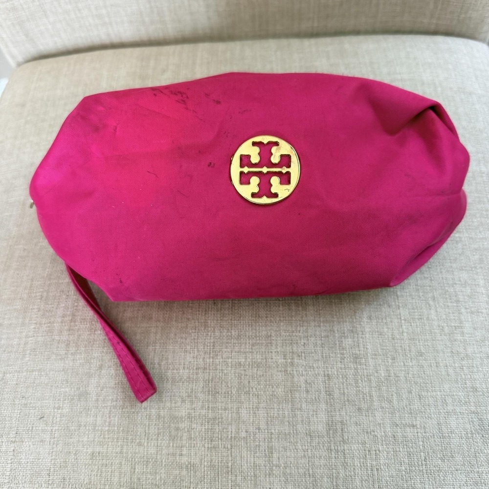 Tory Burch Clutch Wristlet Bag Womens Small Pink Nylon Zip Travel Makeup Bag